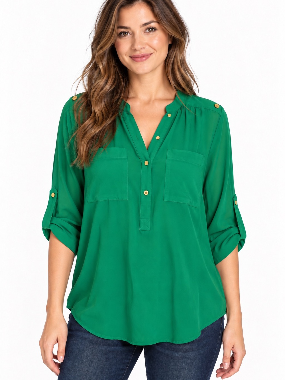 The Limited Emerald Green Gold-Button Pullover Blouse